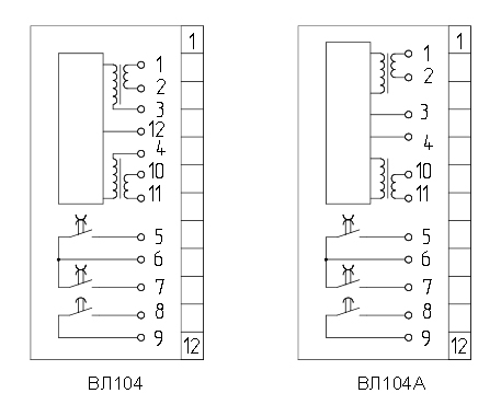 Схемы подключения реле ВЛ-104, ВЛ-104А